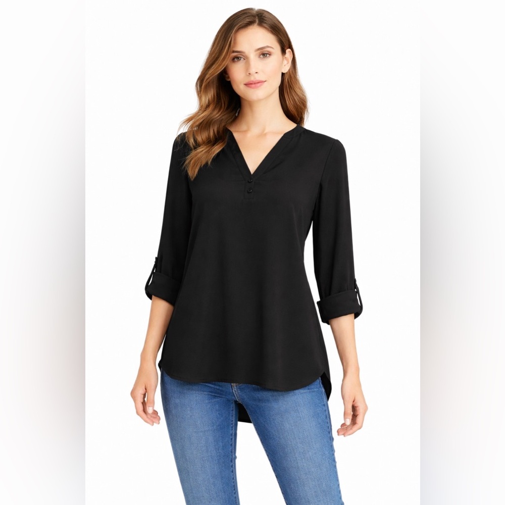 DLEIONE Black V-Neck Long Sleeve Blouse women’s Size S(A414)✨